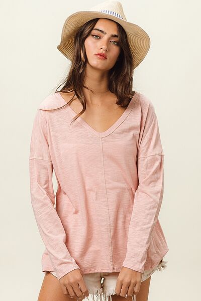BiBi Exposed Seam V-Neck Long Sleeve T-Shirt - Brand BiBi *