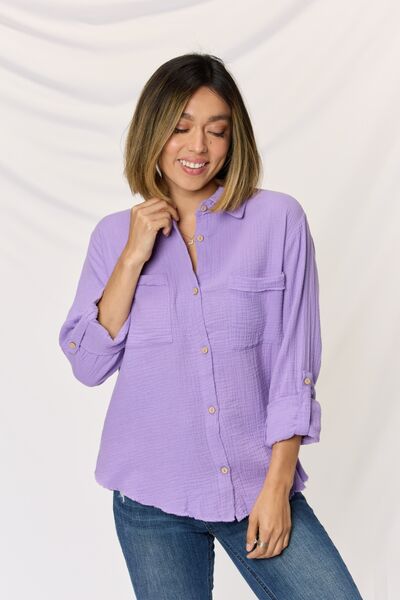 Zenana Texture Button Up Raw Hem Long Sleeve Shirt - Brand Zenana *