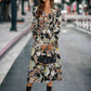 Printed Tie Front Surplice Flounce Sleeve Dress