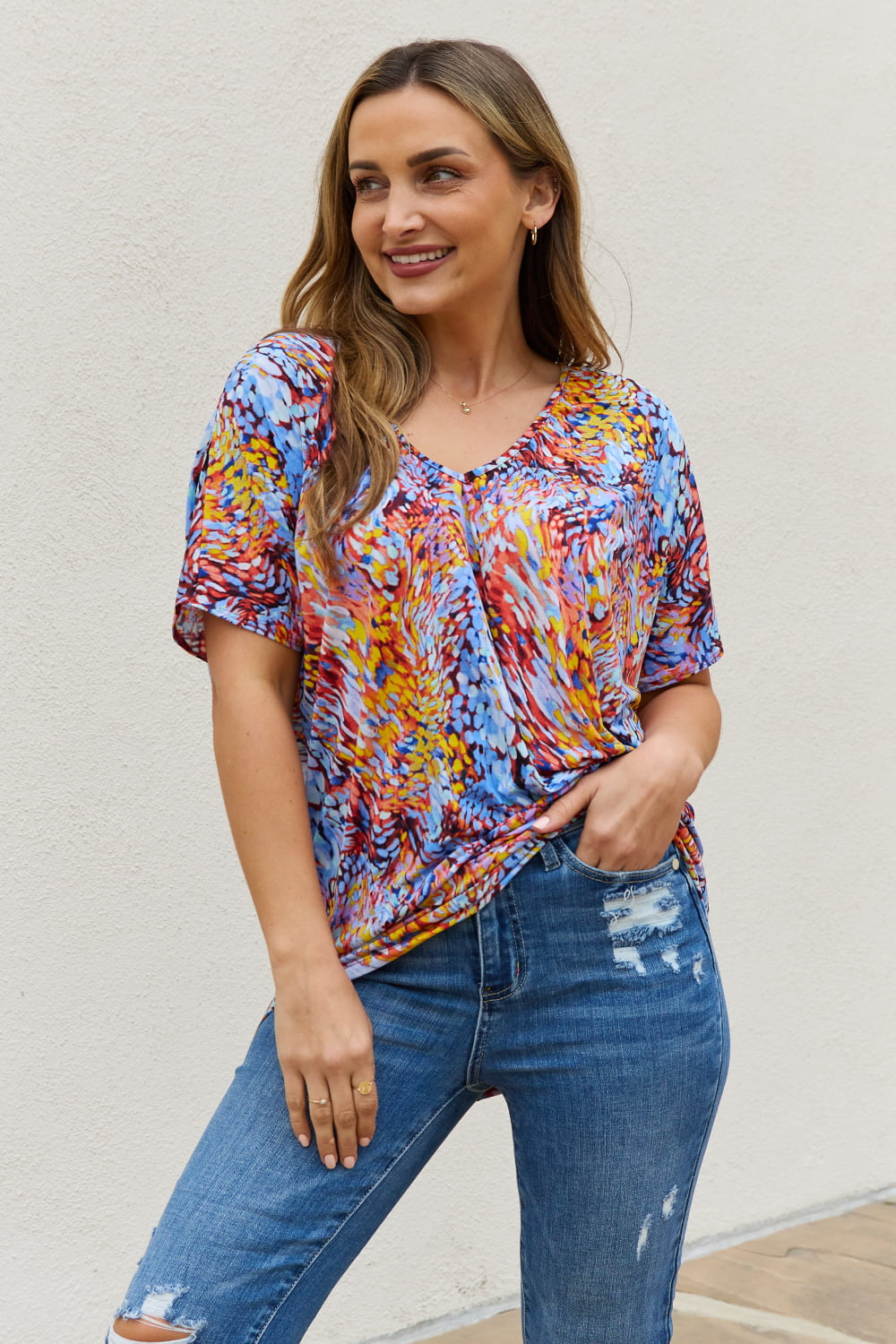 Be Stage Full Size Printed Dolman Flowy Top *