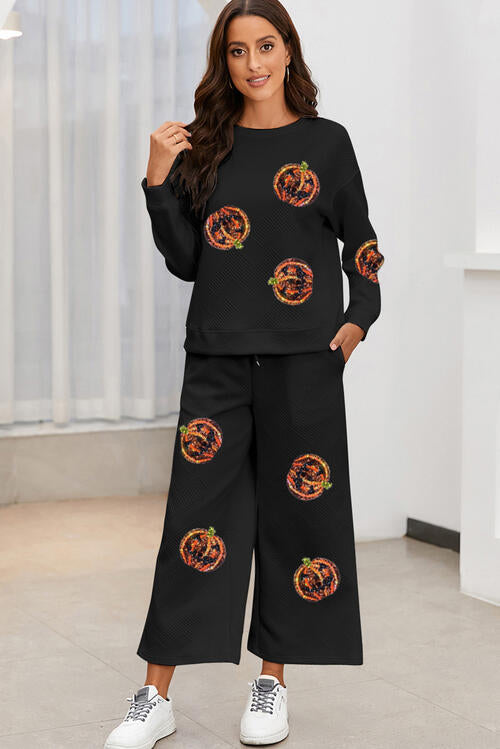 SEASONAL Sequin Patch Pumpkin Top and Pants Set