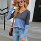Full Size V-Neck Long Sleeve Two-Tone T-Shirt