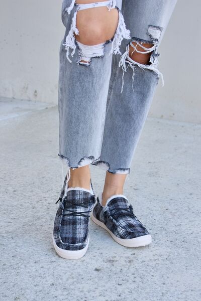 Forever Link Black Plaid Plush Flat Sneakers