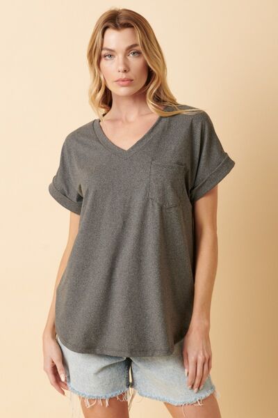 Mittoshop Full Size V-Neck Rolled Short Sleeve T-Shirt *