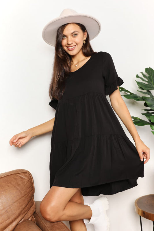 Full Size Double Take V-Neck Flounce Sleeve Tiered Dress