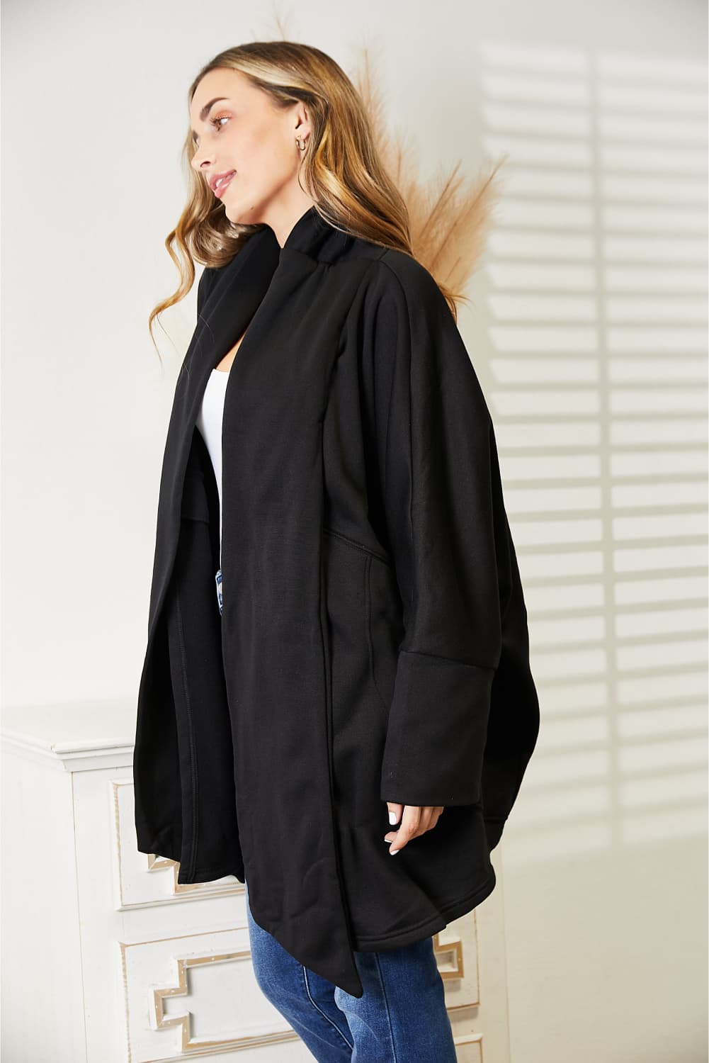 HEYSON Full Size Open Front Black Cardigan with Scarf Design