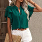 Ruffled Notched Short Sleeve Blouse