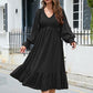 Swiss Dot V-Neck Smocked Lantern Sleeve Ruffle Hem Dress