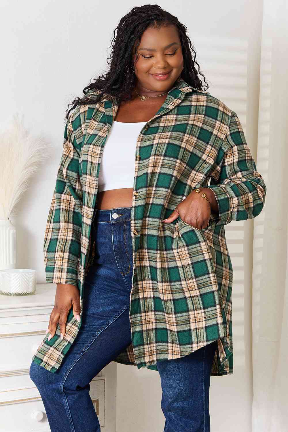 Double Take Plaid Collared Neck Long Sleeve Shirt *