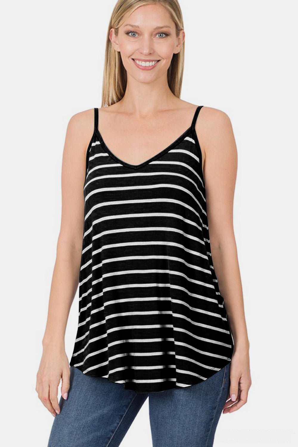 Zenana Striped V-Neck Curved Hem Cami *