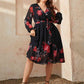 Plus Size Black Floral Surplice Neck Tie Waist Dress