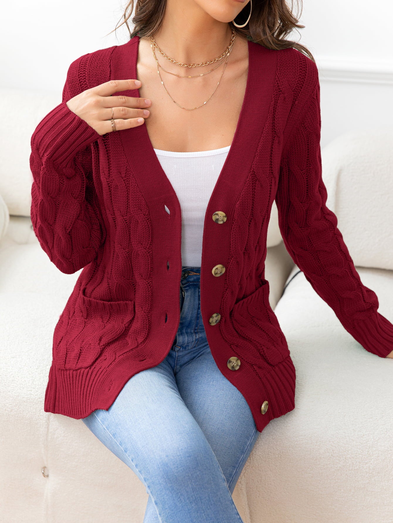 SavannahTree Button Down Cable-Knit Cardigan