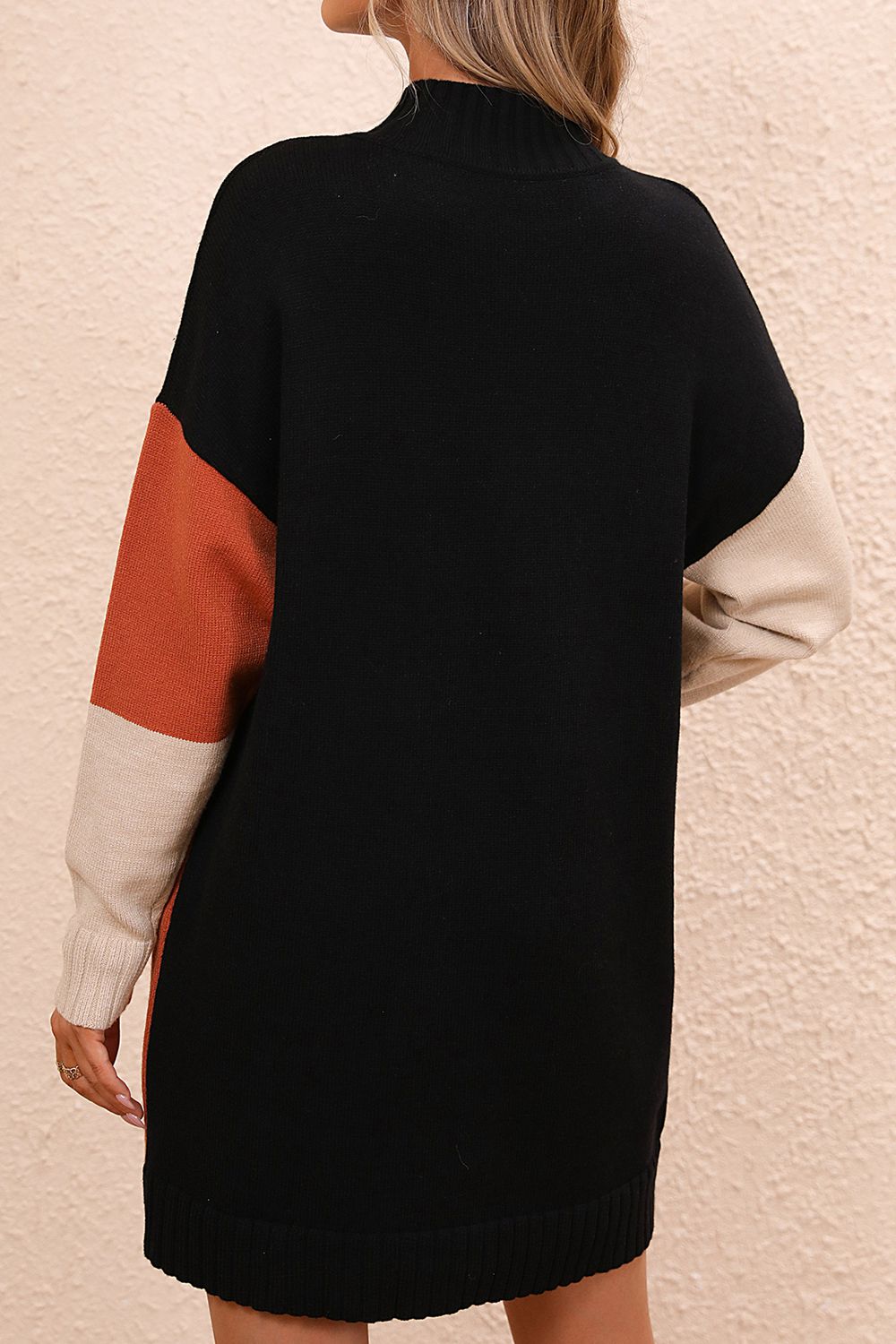 TrendSetEE Color Block Mock Neck Dropped Shoulder Sweater Dress