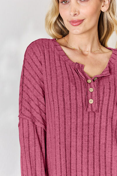 Basic Bae Full Size Ribbed Half Button Long Sleeve T-Shirt *