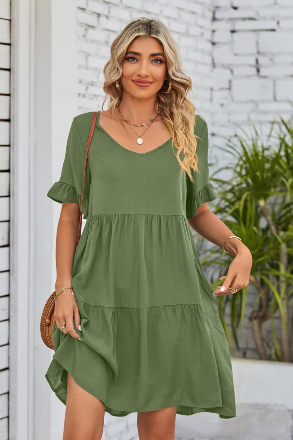 SO BOHO Full Size V-Neck Flounce Sleeve Tiered Dress