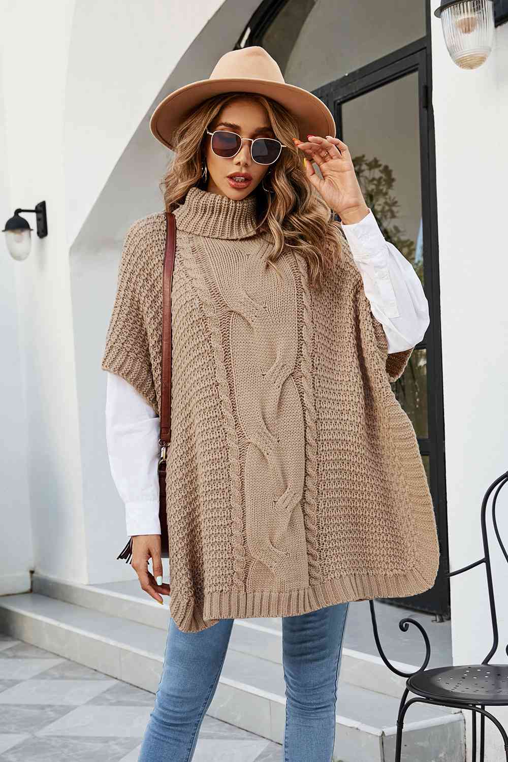 KnittedEmporium Cable-Knit Turtleneck Slit Sweater