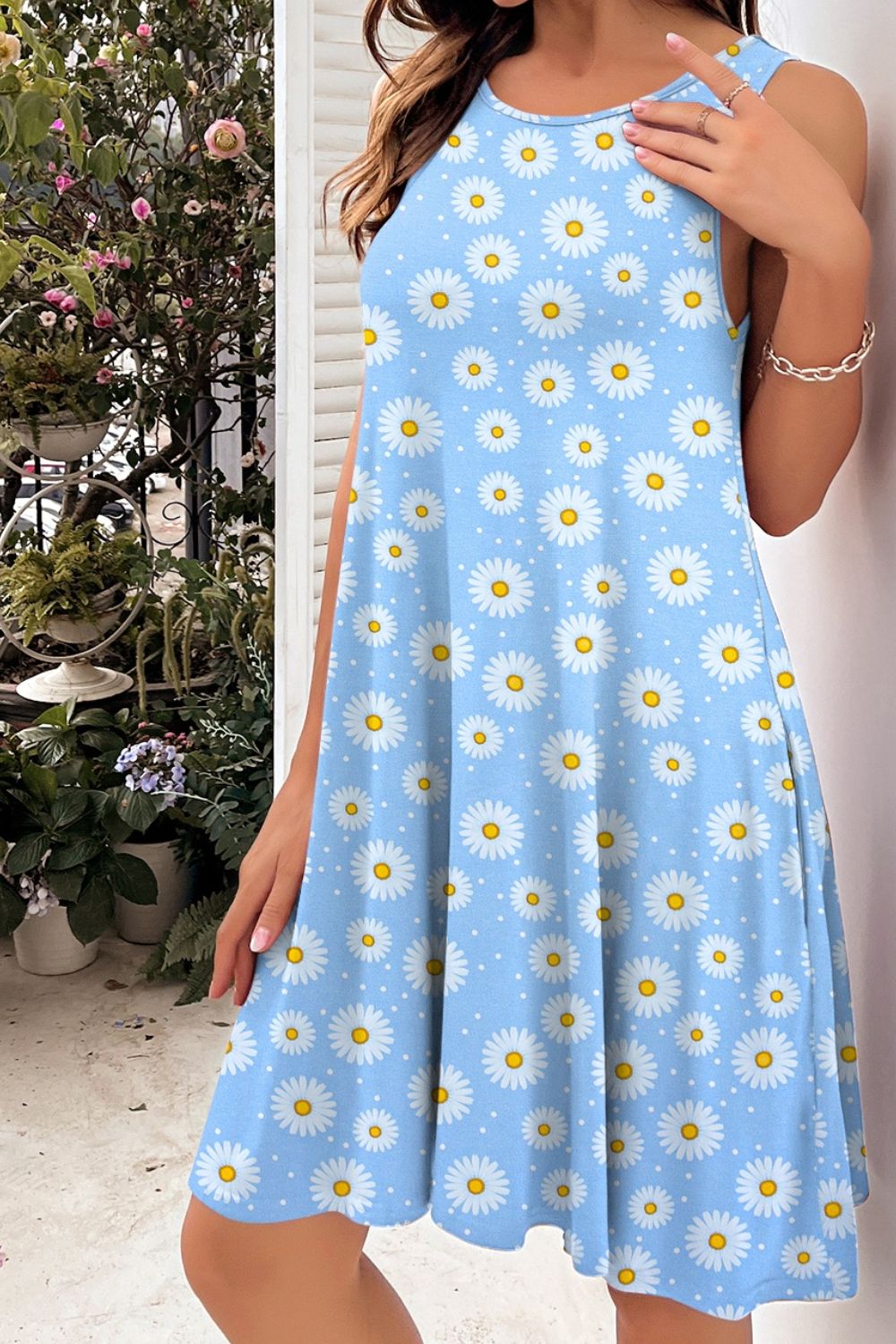 Full Size Printed Round Neck Sleeveless Dress