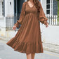Swiss Dot V-Neck Smocked Lantern Sleeve Ruffle Hem Dress