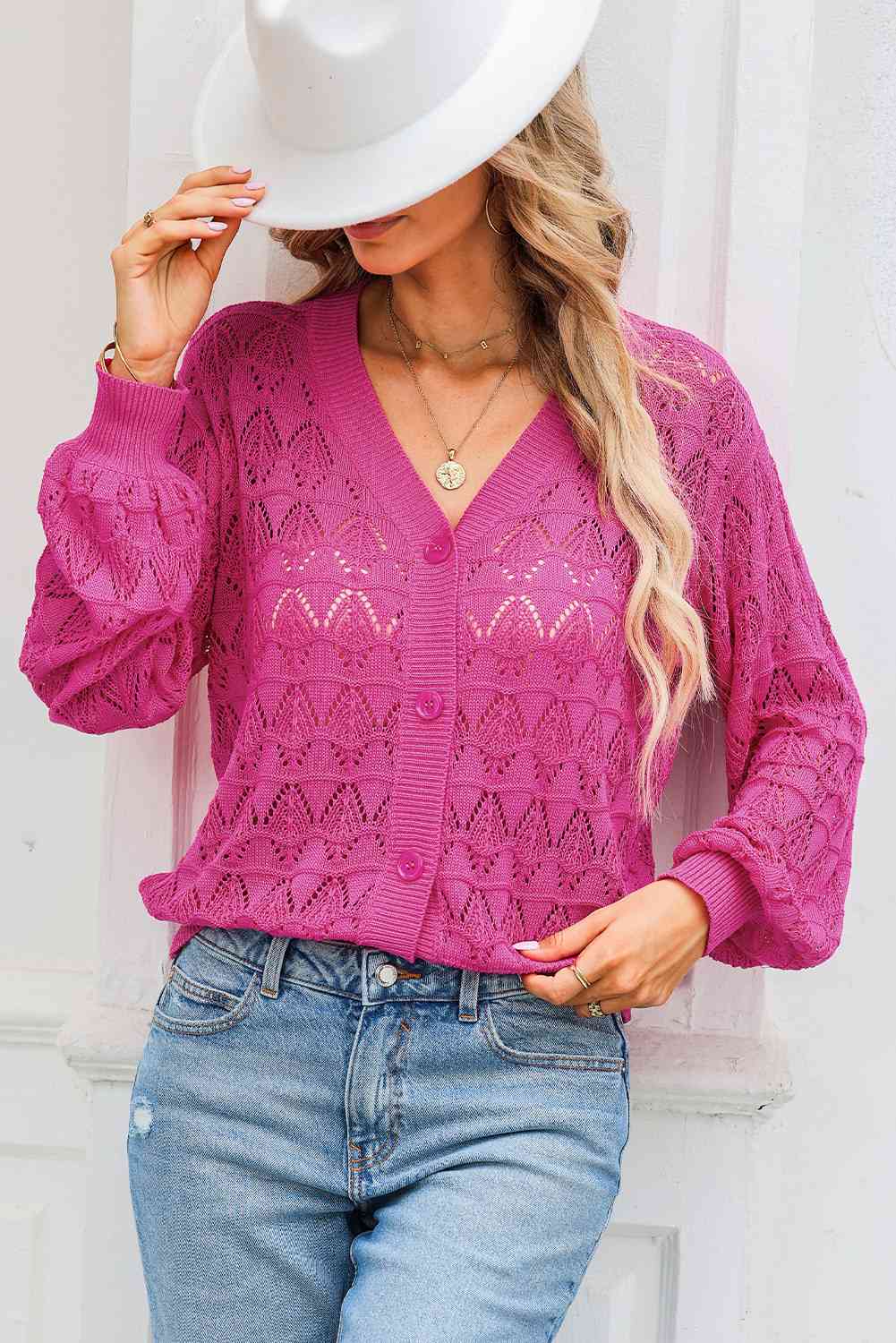 Full Size Openwork V-Neck Cardigan