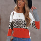 Waffle-Knit Leopard Round Neck Long Sleeve T-Shirt