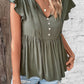 Women's Buttoned Tie Neck Flutter Sleeve Babydoll Top
