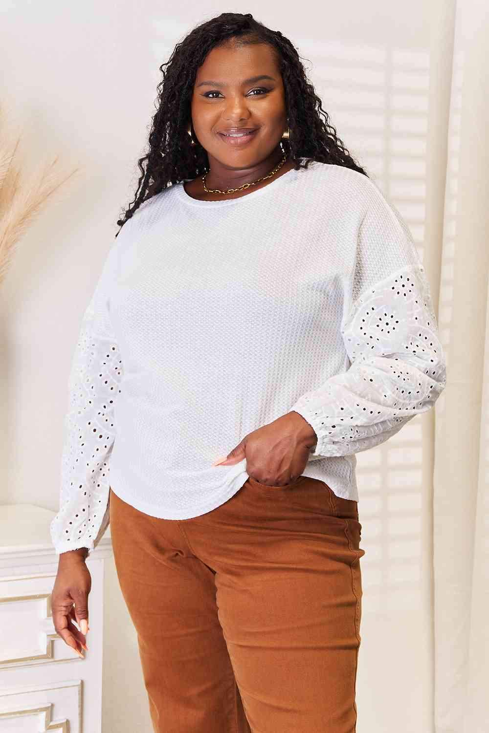 Double Take Eyelet Dropped Shoulder Round Neck Blouse *