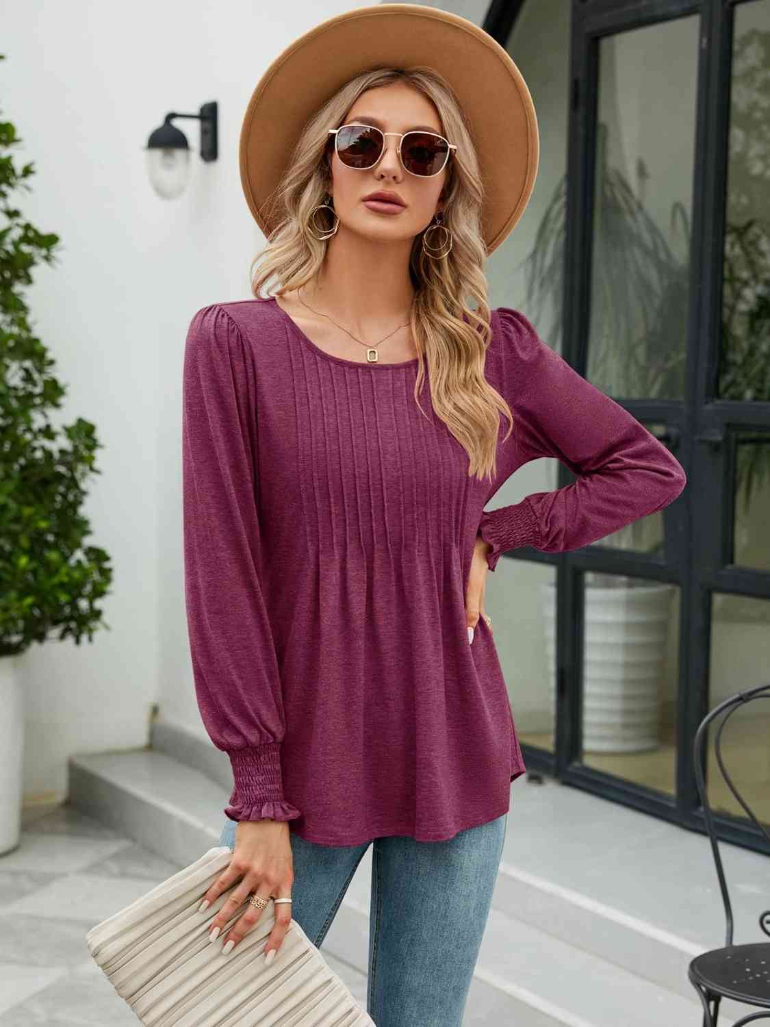 Aurora Lea Smocked Round Neck Lantern Sleeve Blouse