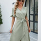 Full Size Tie Waist Flutter Sleeve Surplice Dress