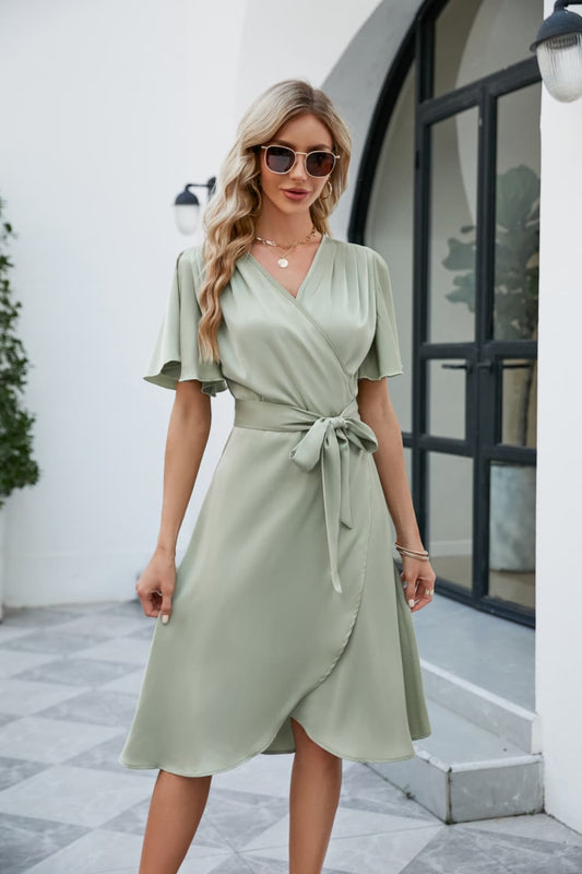 Full Size Tie Waist Flutter Sleeve Surplice Dress