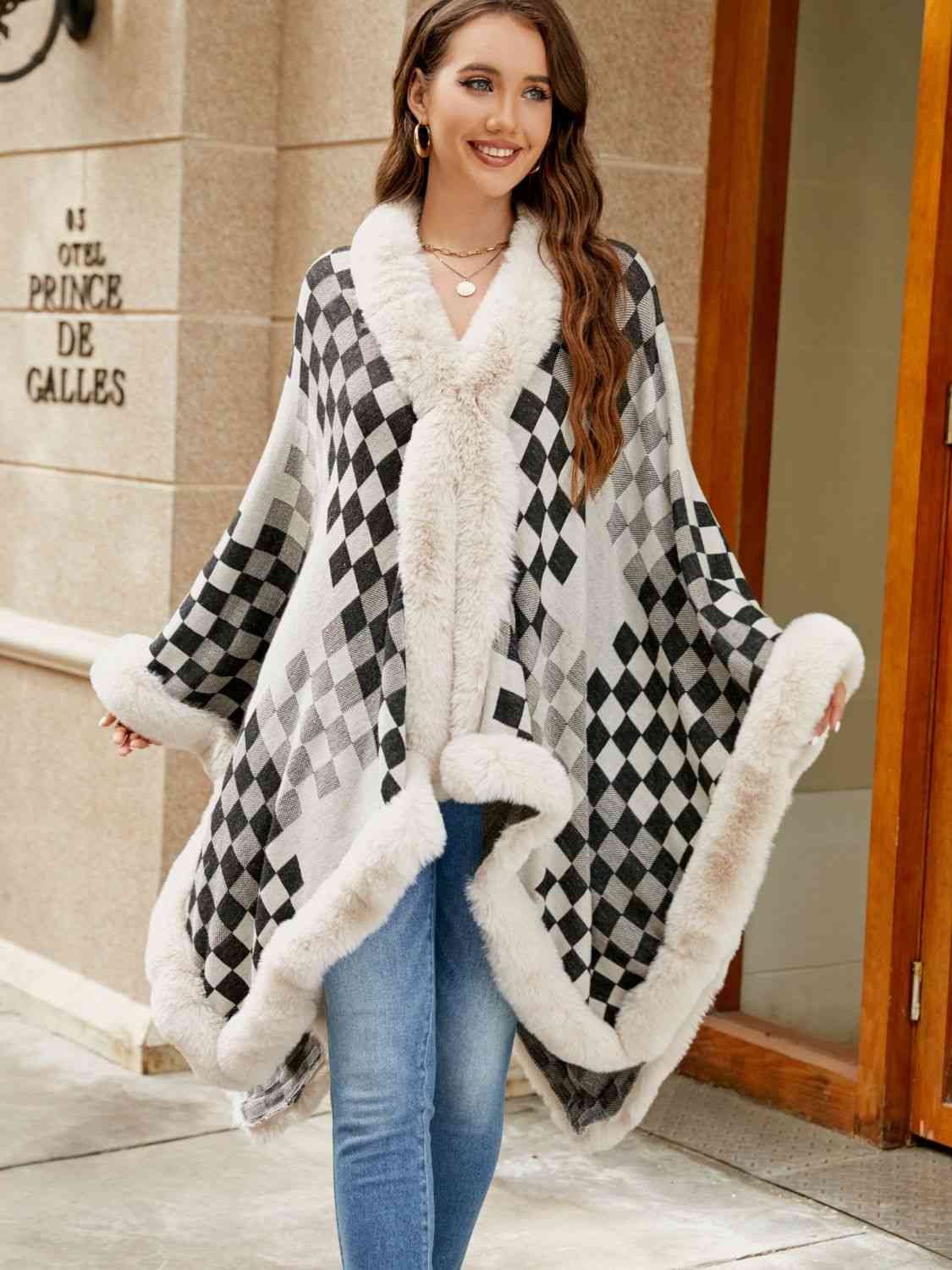 Savannah Jay One Size Checkered Faux Fur Trim Poncho