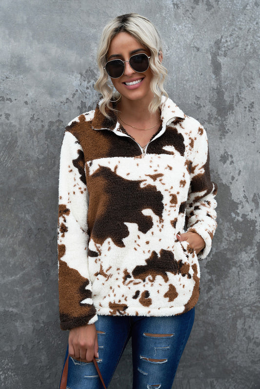 Full Size Cow Theme Quarter-Zip Long Sleeve Teddy Sweatshirt