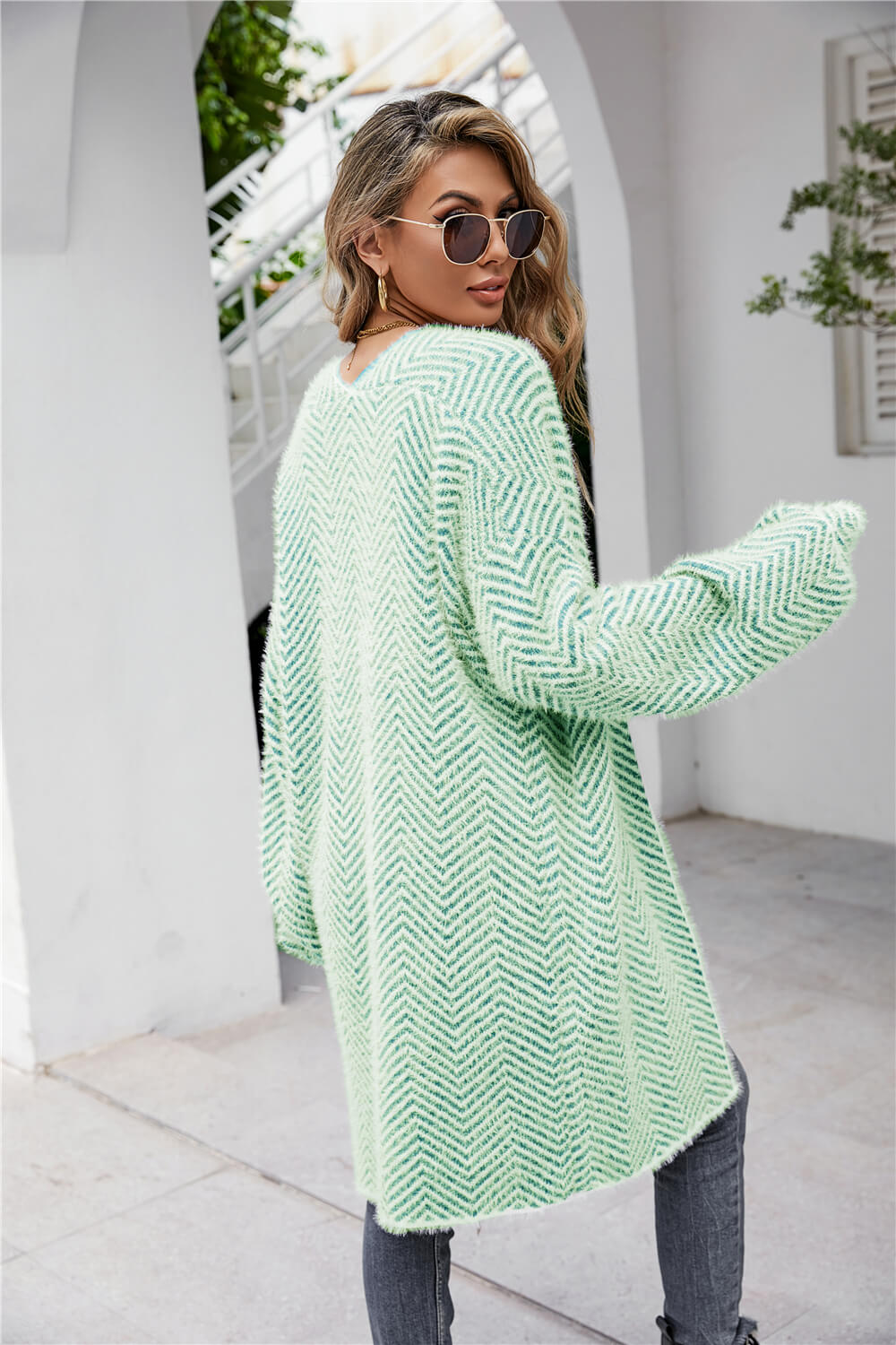 Herringbone Pattern Open Front Longline Fuzzy Cardigan