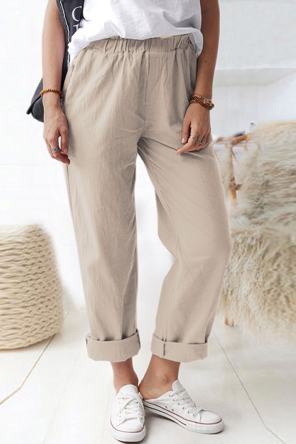 Women's Full Size Paperbag Waist Pull-On Pants with Pockets