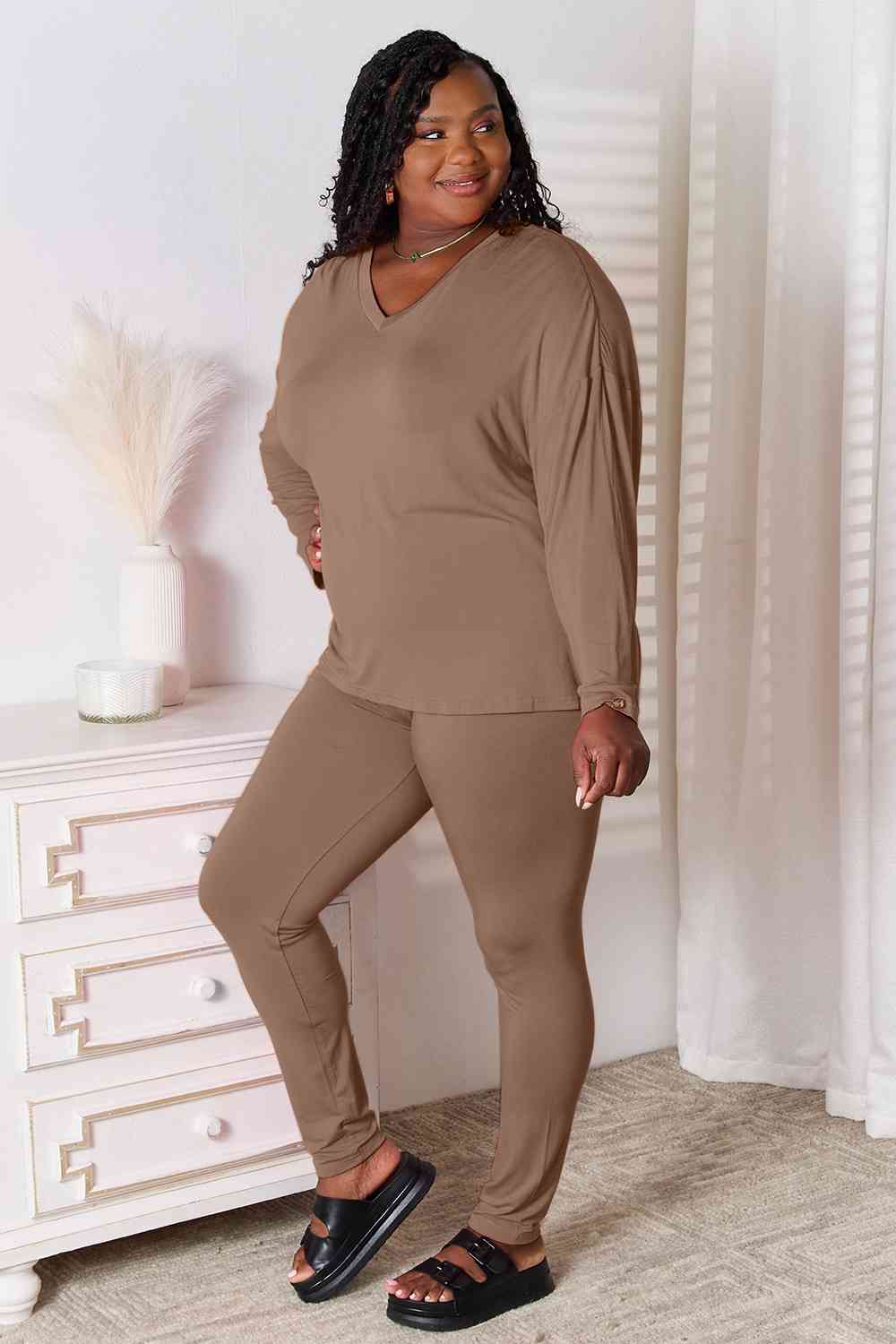 Basic Bae Full Size V-Neck Soft Rayon Long Sleeve Top and Pants Lounge Set *