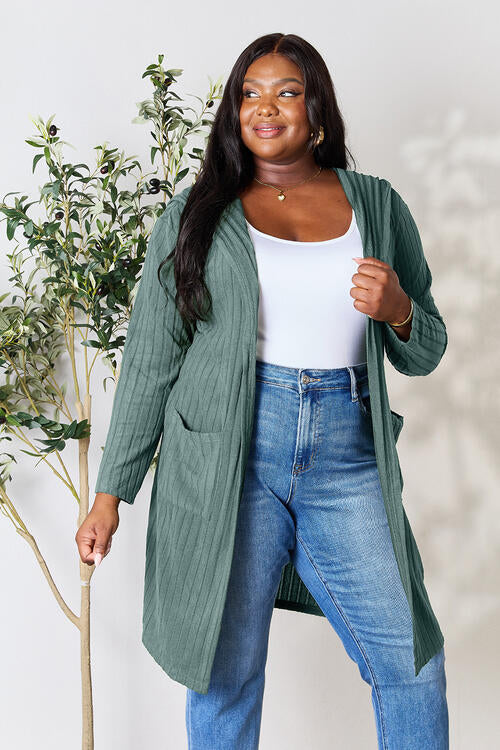 Basic Bae Full Size Ribbed Open Front Long Sleeve Cardigan *