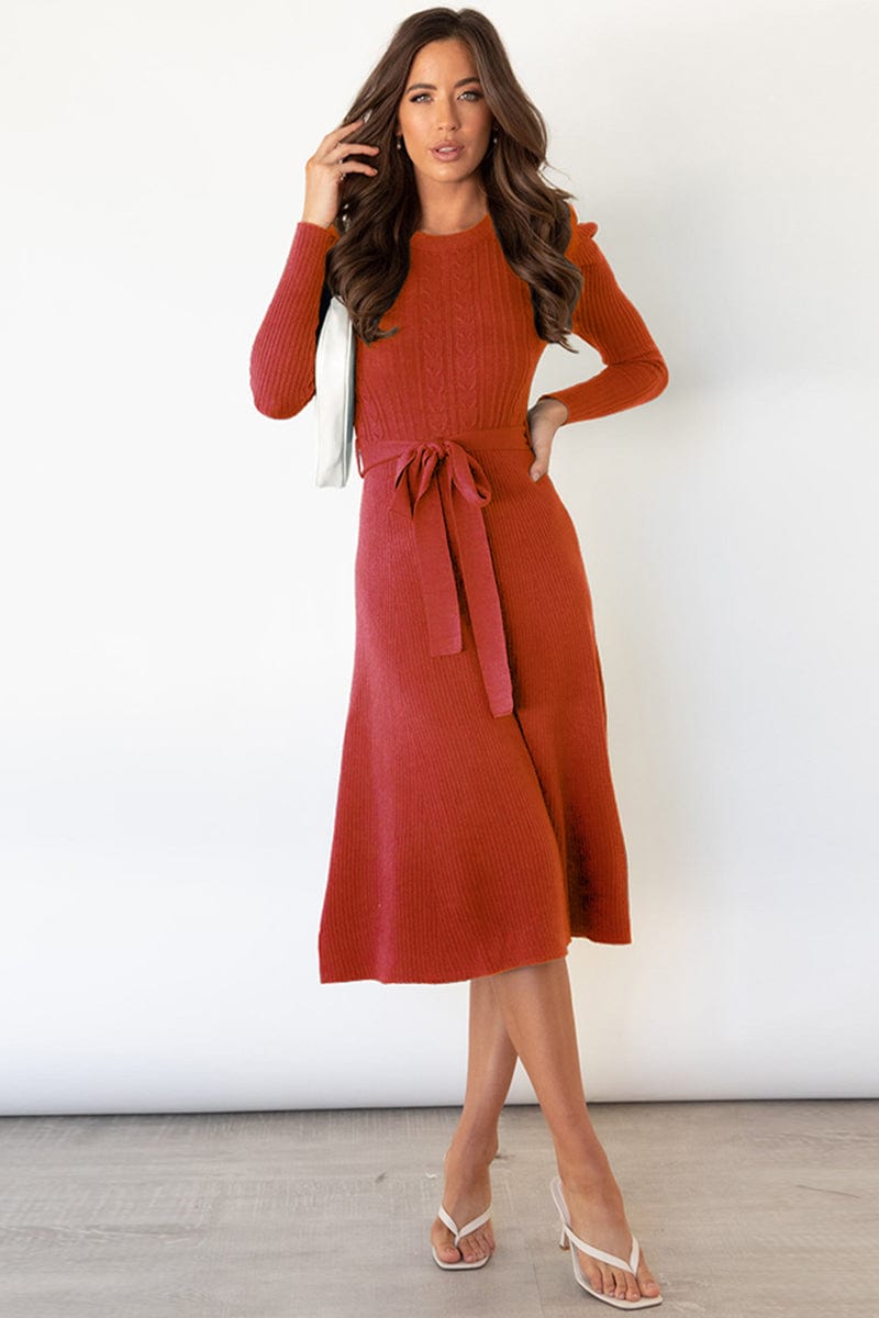 Full Size Round Neck Long Sleeve Tie Waist Sweater Dress