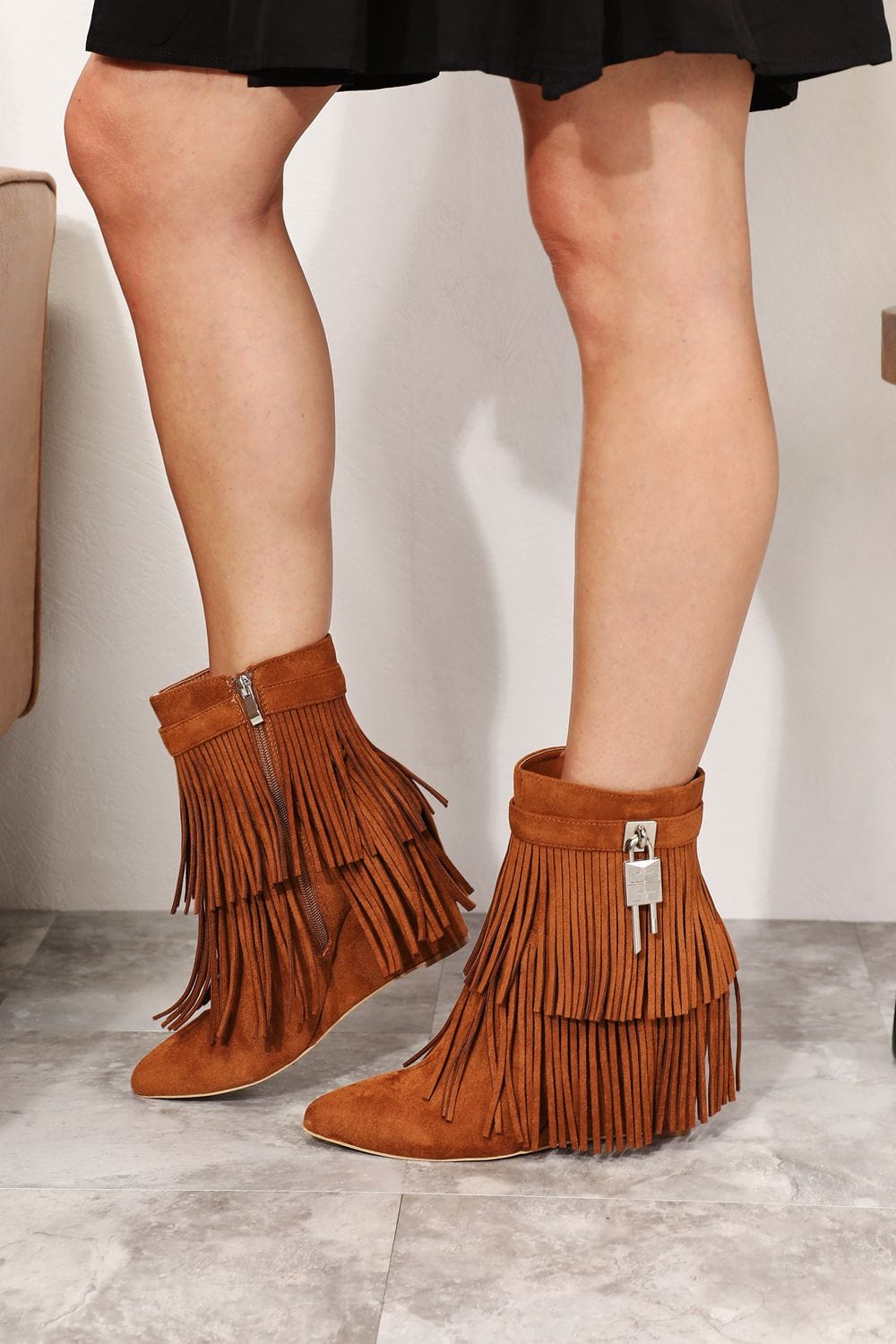 Legend Women's Tassel Wedge Heel Ochre Ankle Boots *