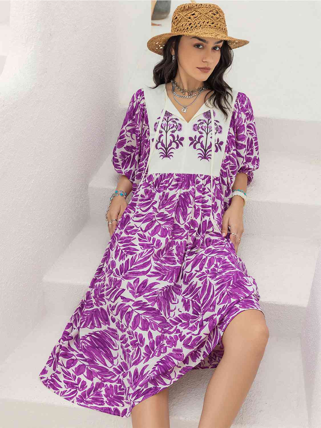 Willow Ava Printed Tie Neck Midi Dress