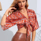 Printed Tie Front Cropped Dolman Sleeve Blouse