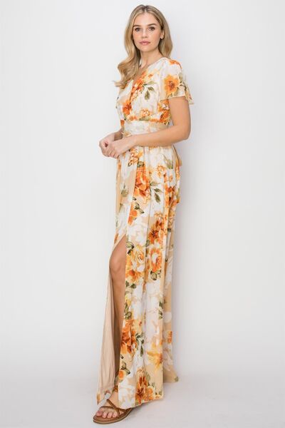 HYFVE Floral Tie Back Short Sleeve Slit Maxi Dress *