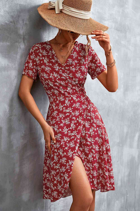 Full Size Floral Surplice Neck Flutter Sleeve Dress