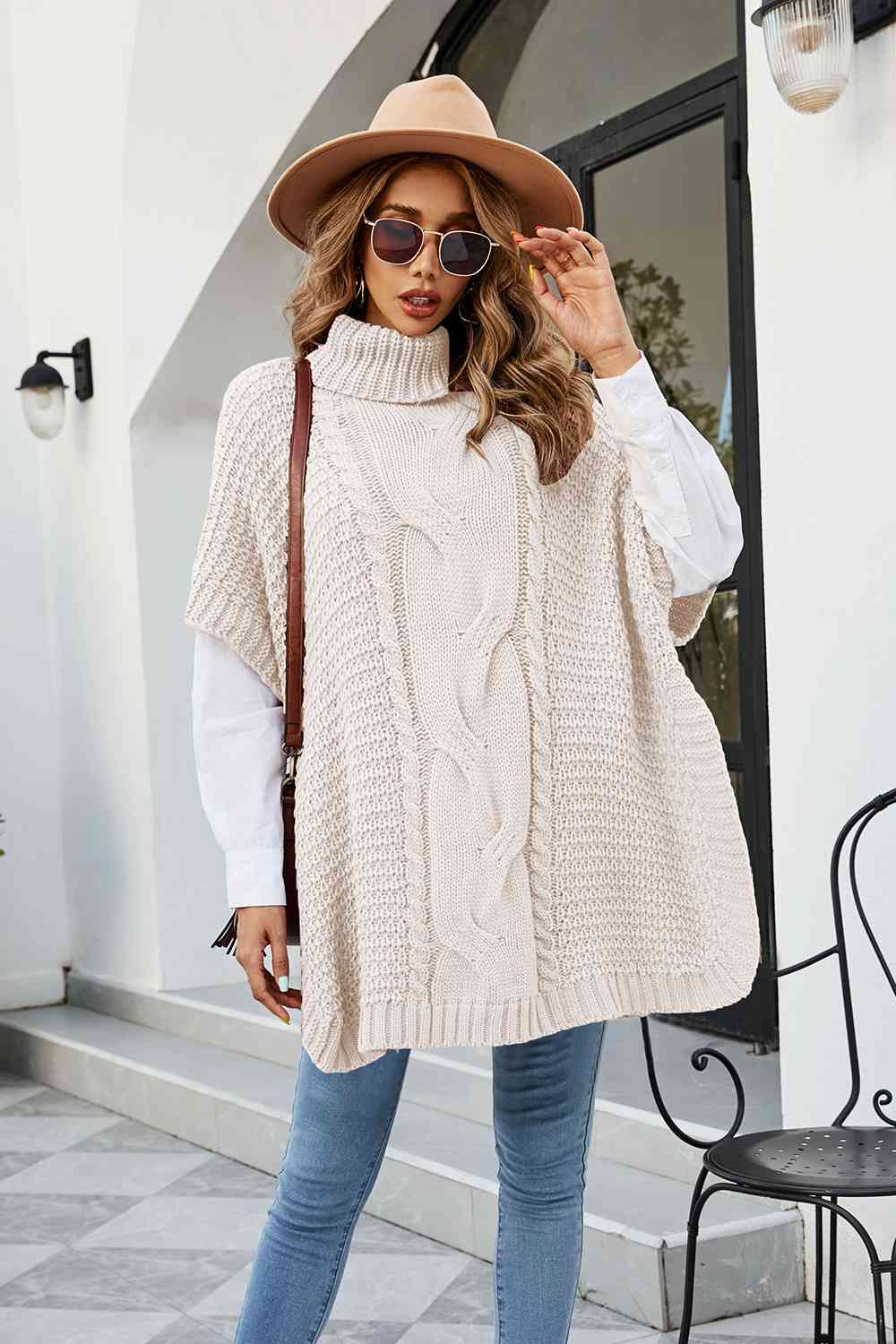 KnittedEmporium Cable-Knit Turtleneck Slit Sweater