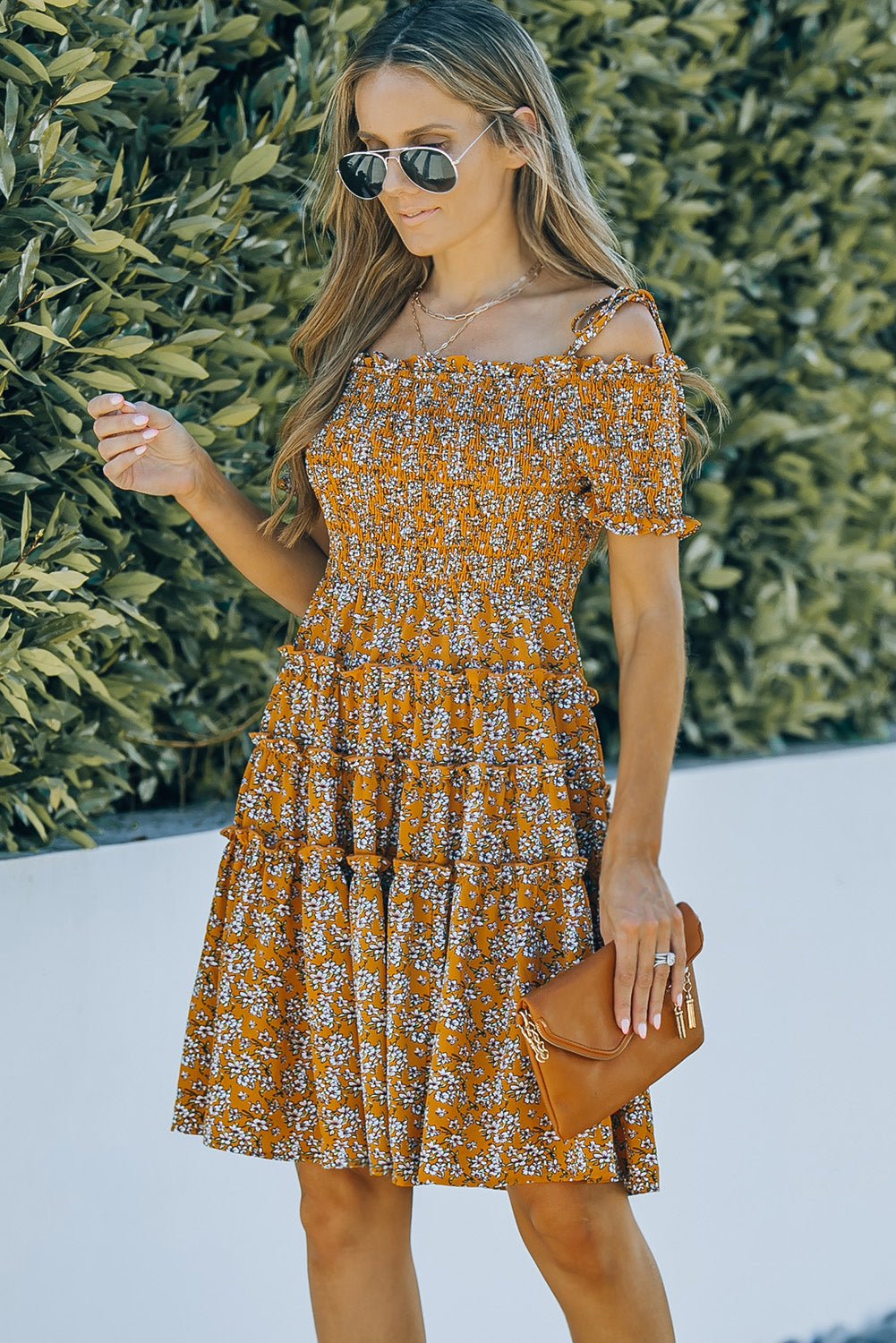 BAYSIDE Floral Ochre Tiered Frill Trim Smocked Dress