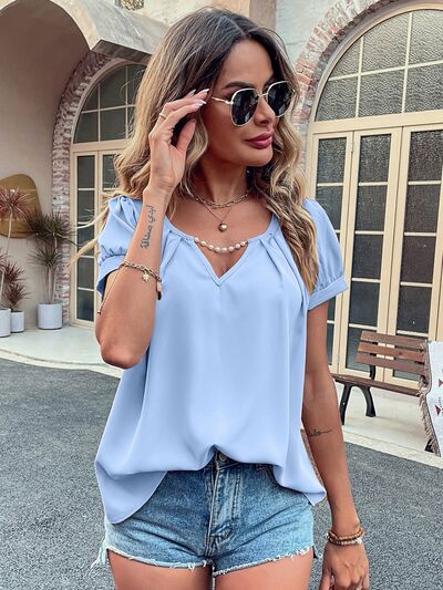 Pearl Detail Notched Short Sleeve Blouse