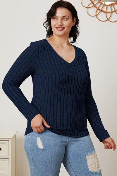 Basic Bae Full Size Ribbed V-Neck Long Sleeve T-Shirt *
