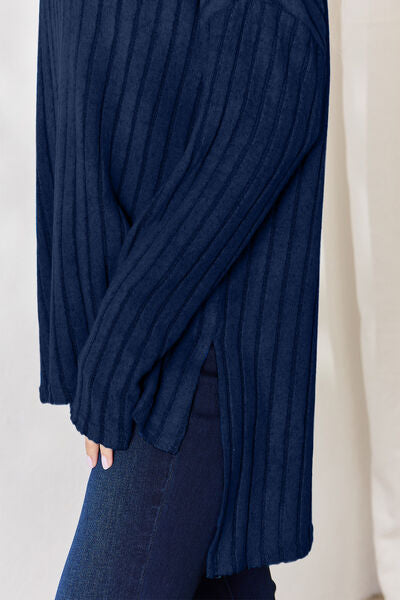 Basic Bae Full Size Ribbed Half Button Long Sleeve High-Low T-Shirt *