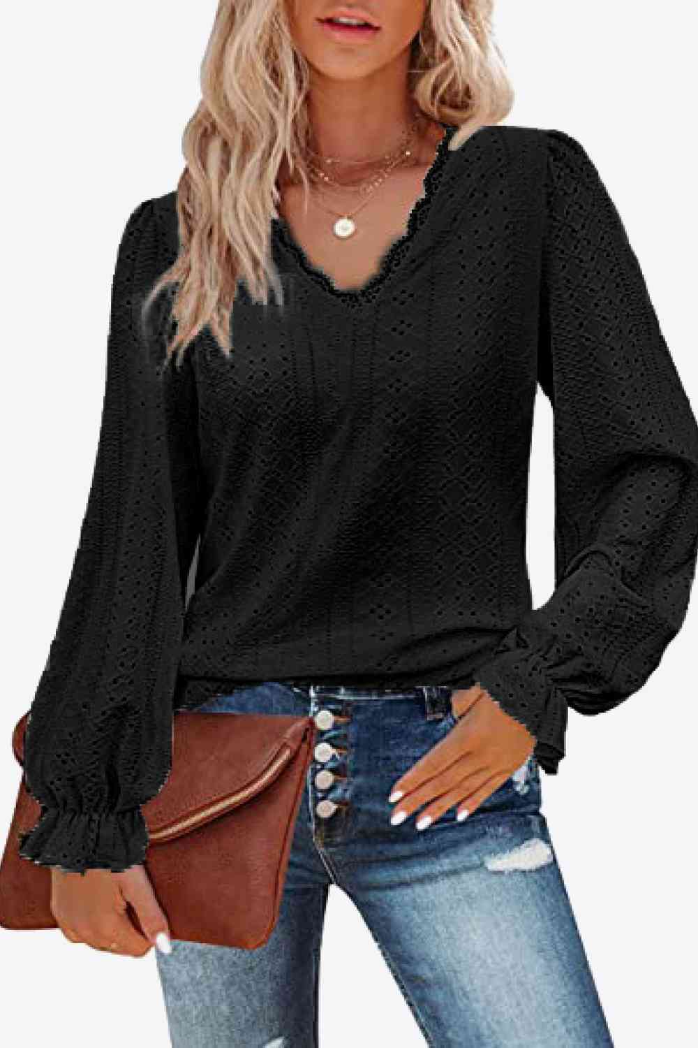 FULL SIZE Eyelet V-Neck Flounce Sleeve Blouse