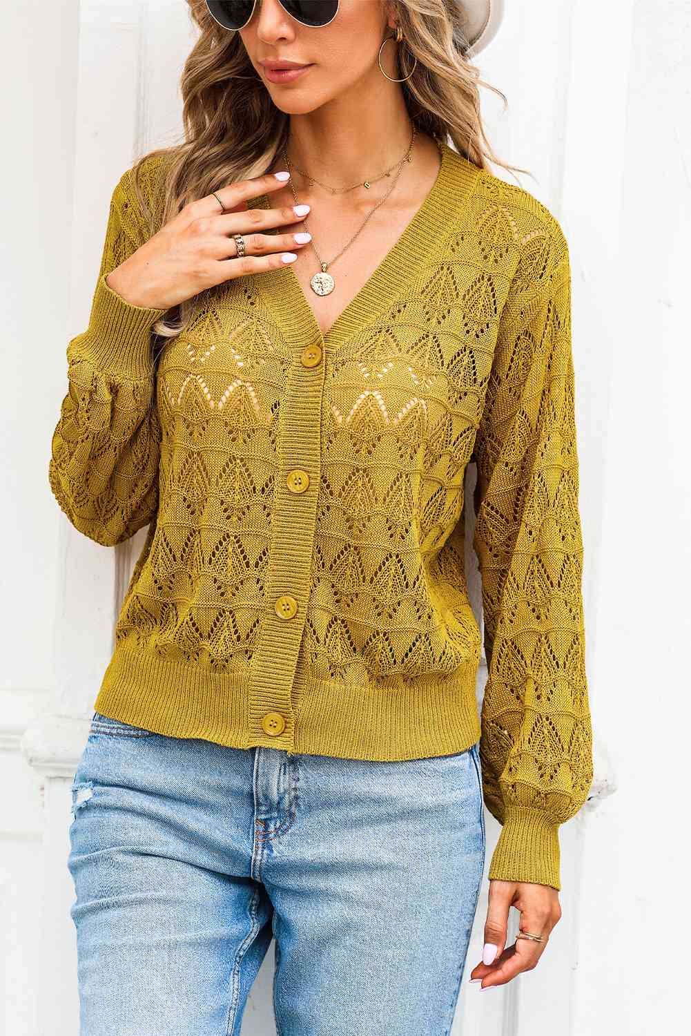 Full Size Openwork V-Neck Cardigan