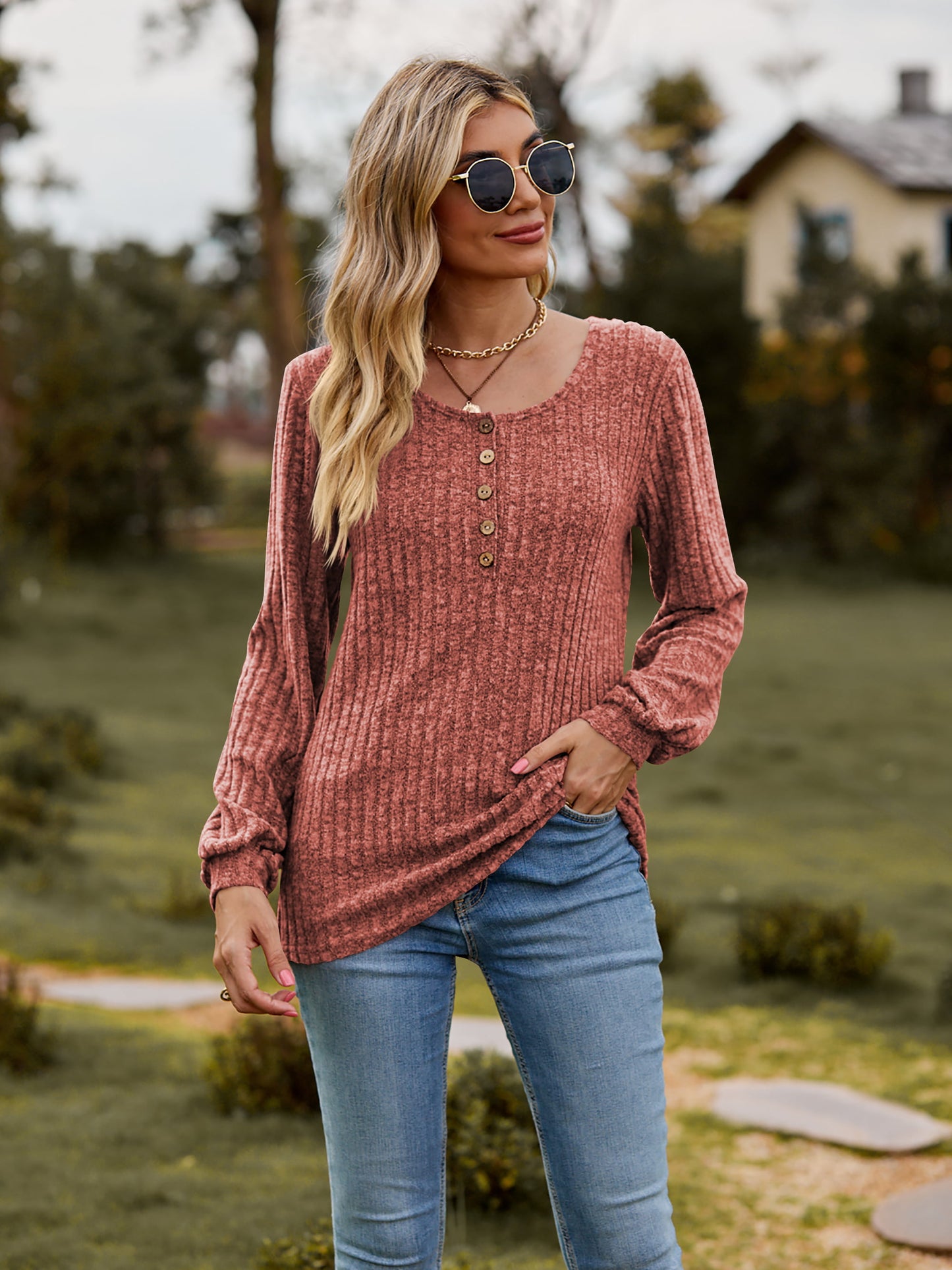 Full Size Round Neck Button-Down Long Sleeve Tee