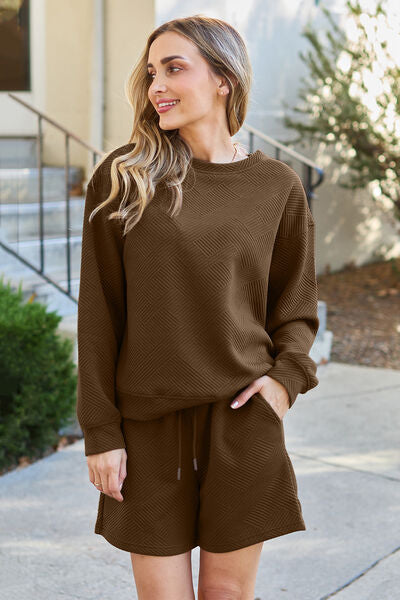Double Take Full Size Texture Long Sleeve Top and Drawstring Shorts Set *